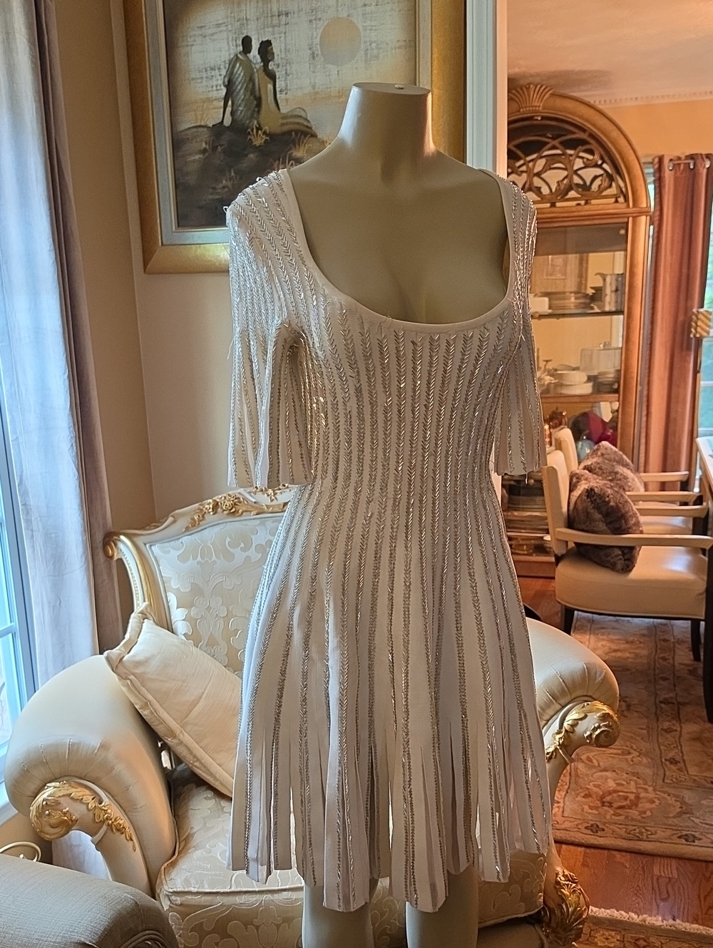 Zac Posen Cream Beaded Scoop-Neck Mini Dress